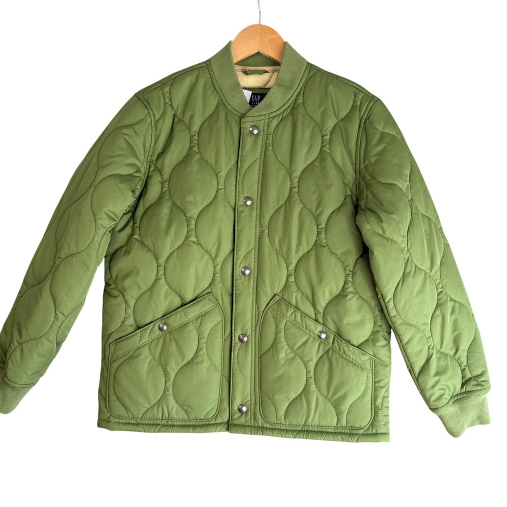 Gap Kids Quilted Bomber Jacket Girls Boys L Green Snap Front Pockets Travel NWT